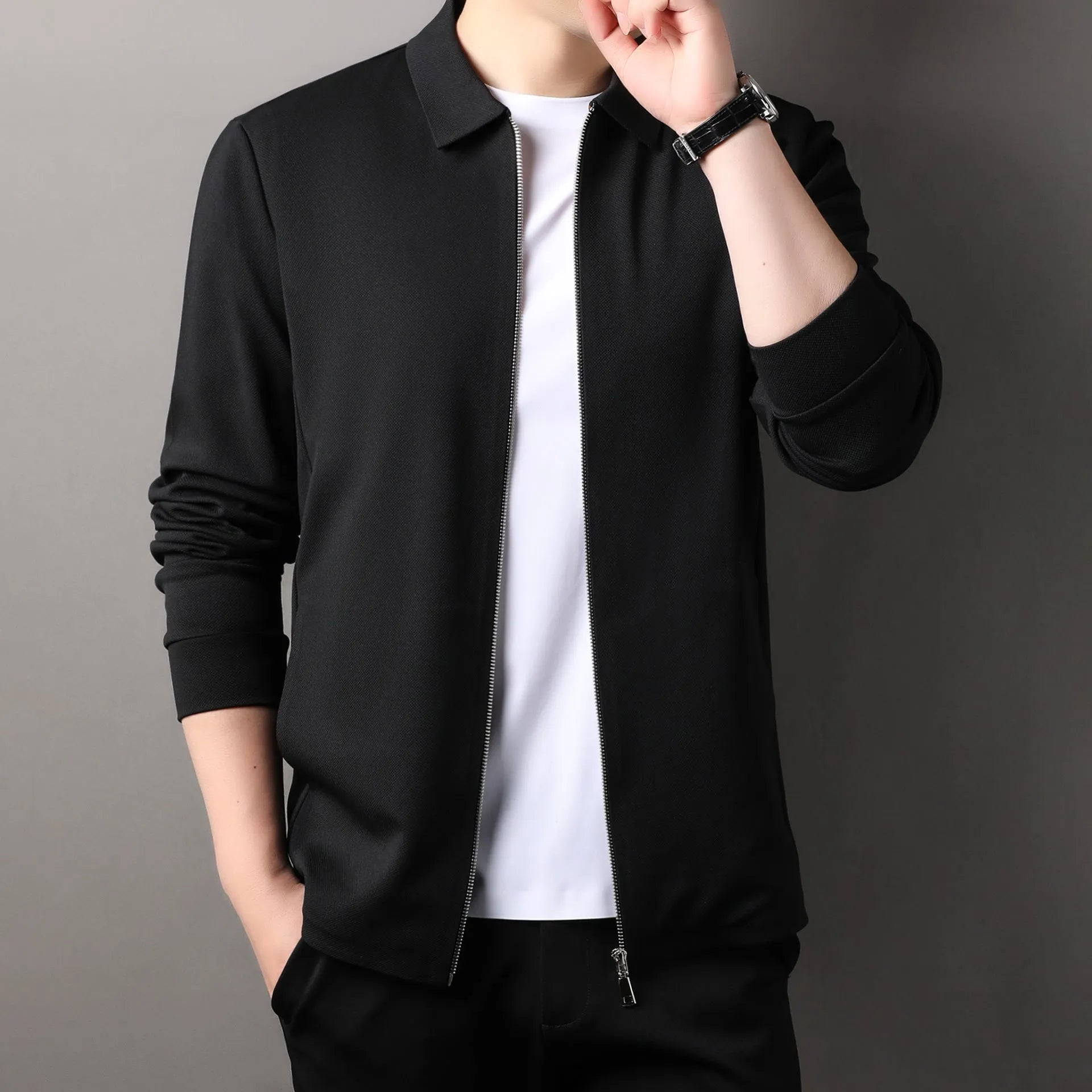 Men's polyester business jacket in apricot colour with regular sleeves and straight hem design