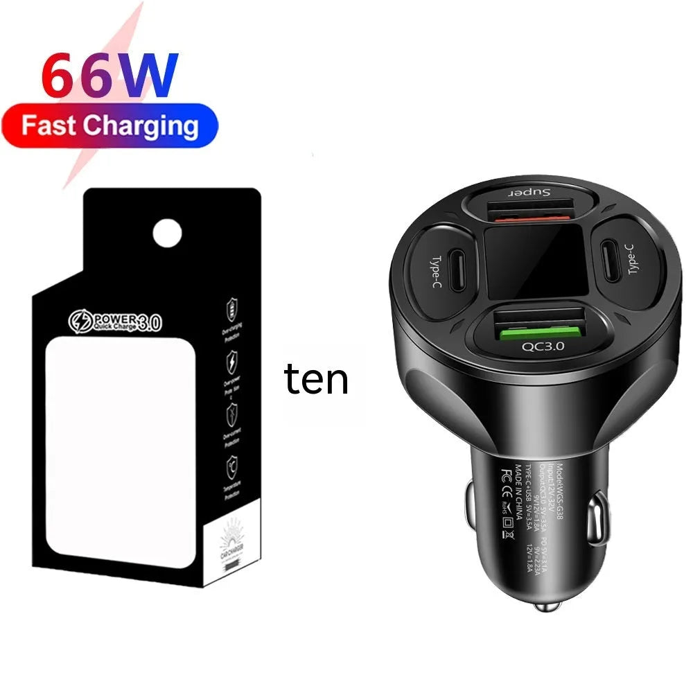 66W digital display car charger with four ports showing voltage readout