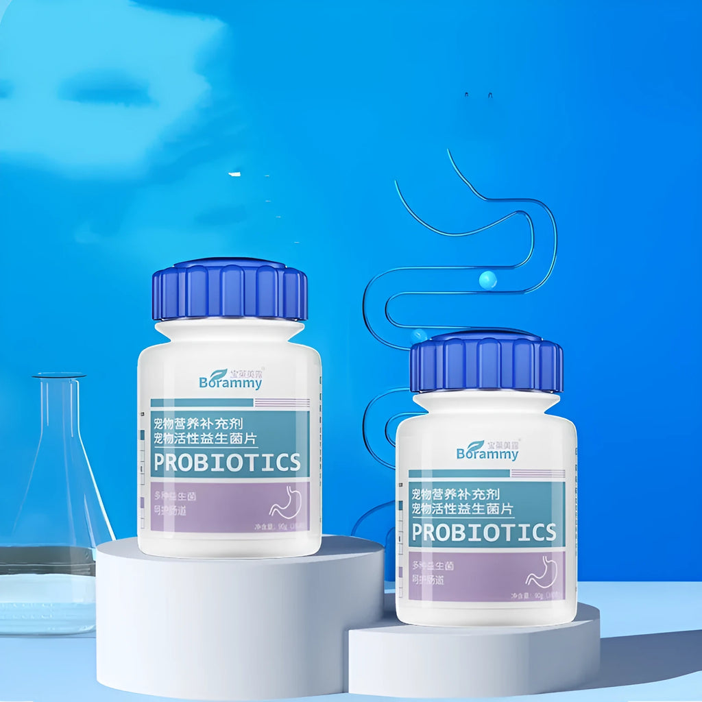 Bottle of 180 pet probiotic tablets for cat and dog digestive health supplement