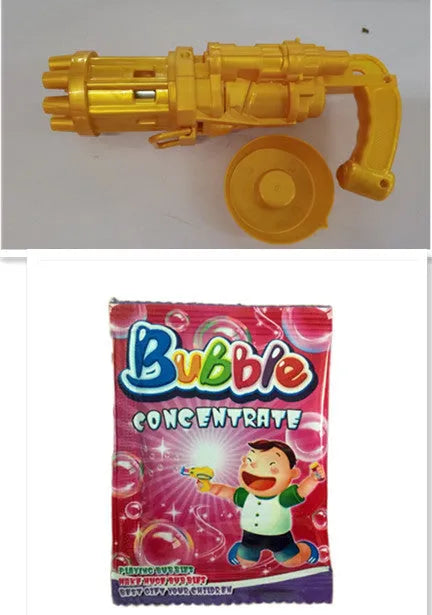 Kids handheld bubble machine gun toy in pink, gold, or black colours with removable bubble head.
