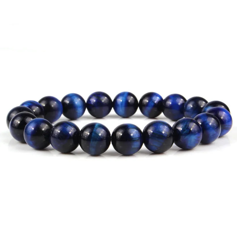 Unisex tigereye crystal bead bracelet with round geometric beads, shown in a dark blue variant.