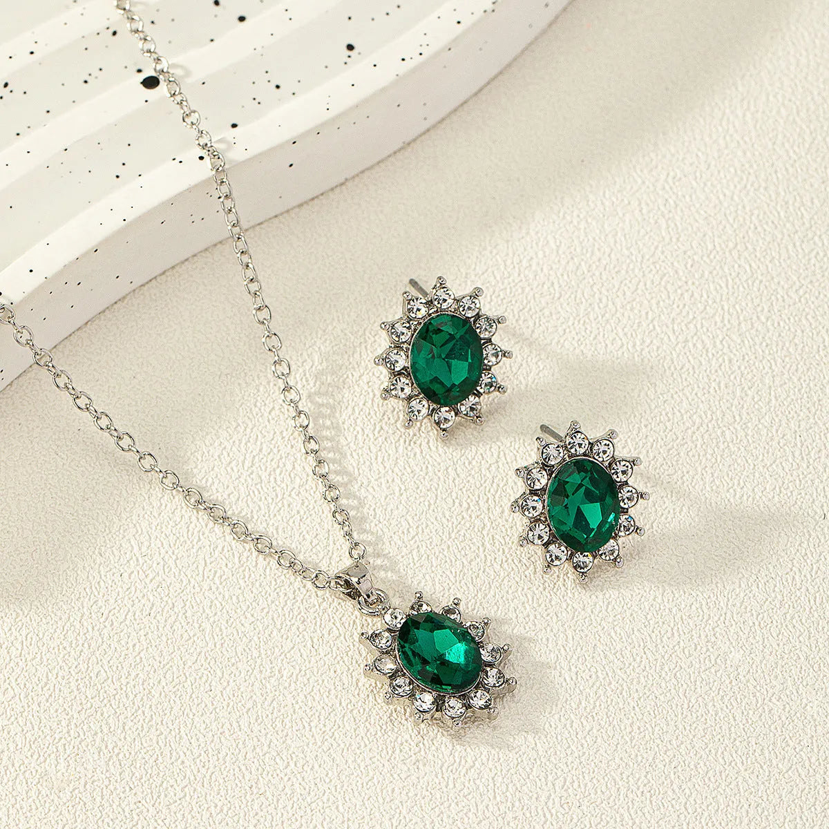 Sunflower zircon ear stud and necklace set for women in electroplated alloy with ellipse design elements