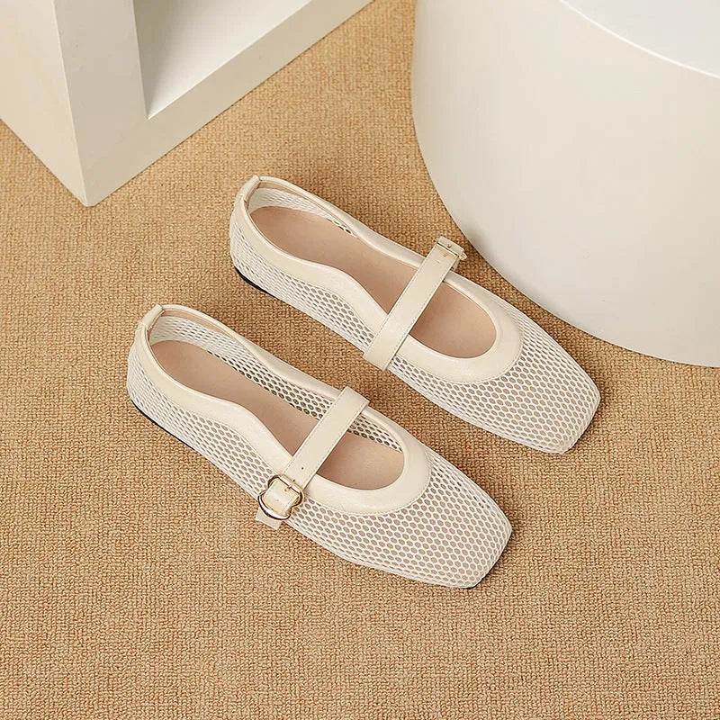 Women's beige mesh pump with square toe and adjustable buckle on flat heel.