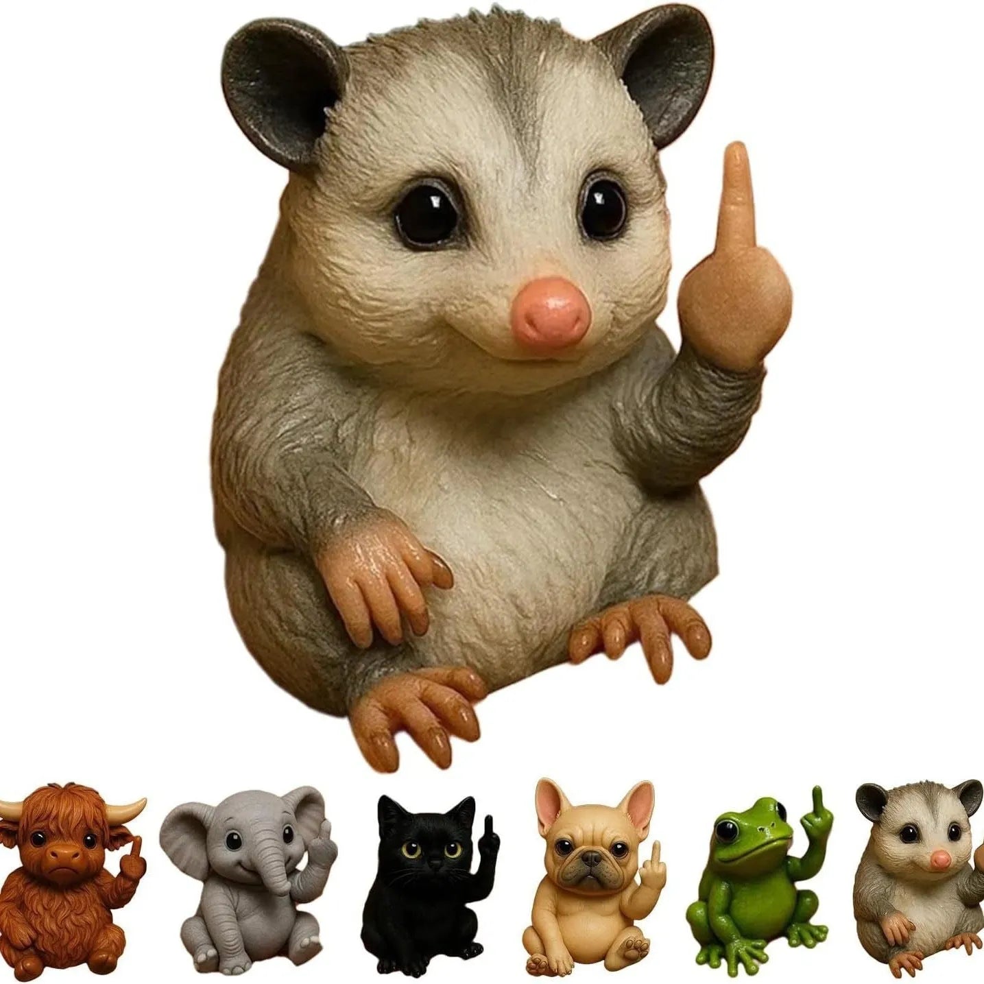 Resin animal vertical middle finger doll ornament in cat, dog, elephant, frog, Highland cattle, mouse, and turtle styles.