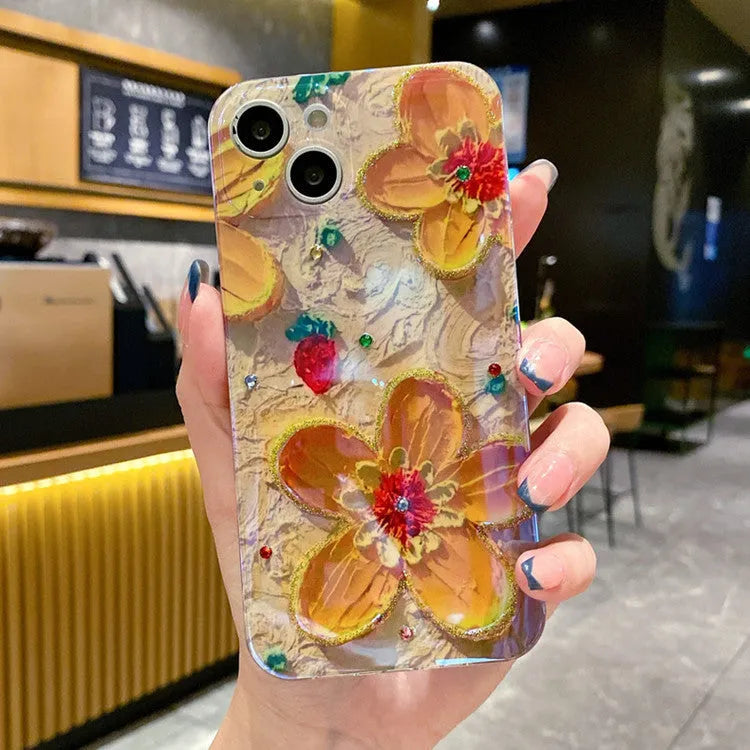 Purple and yellow mobile phone cases with oil painting flower design and diamond drop glue decoration