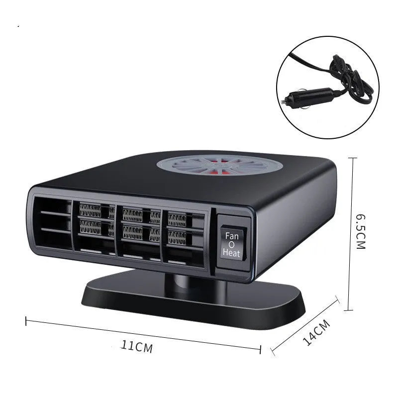 Black portable 12v car heater defogger with adjustable vents on a car dashboard.