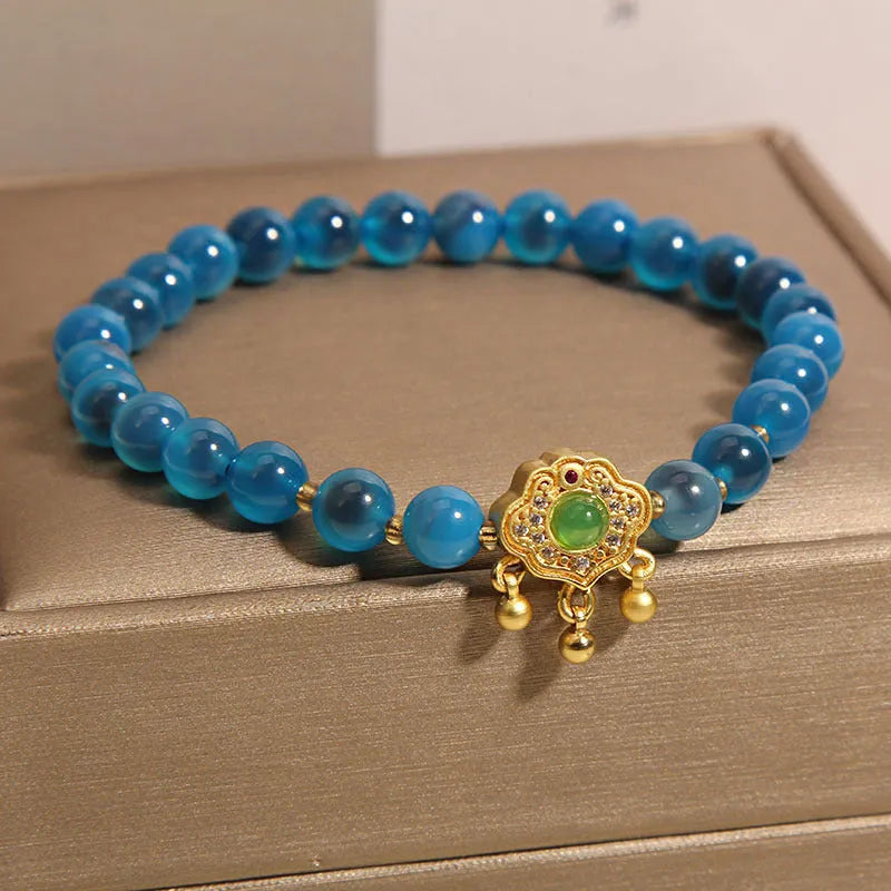Blue sugar heart agate jade safety lock pendant women's bracelet with rhinestone alloy inlay crystal construction