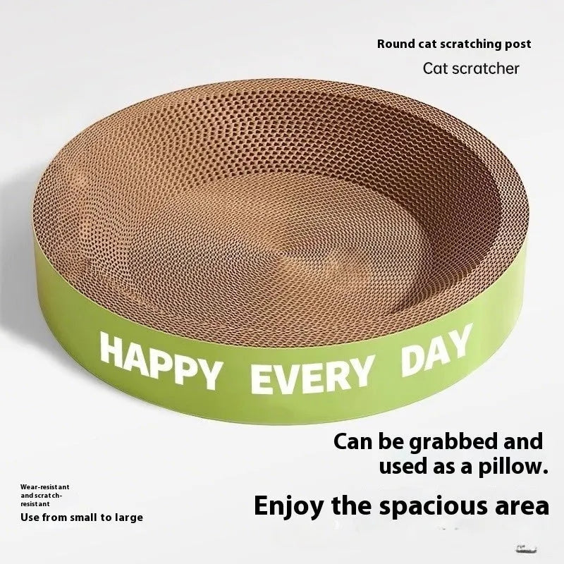 A green, round cat scratching board nest, shown in two size options: 50cm and 55cm diameter.