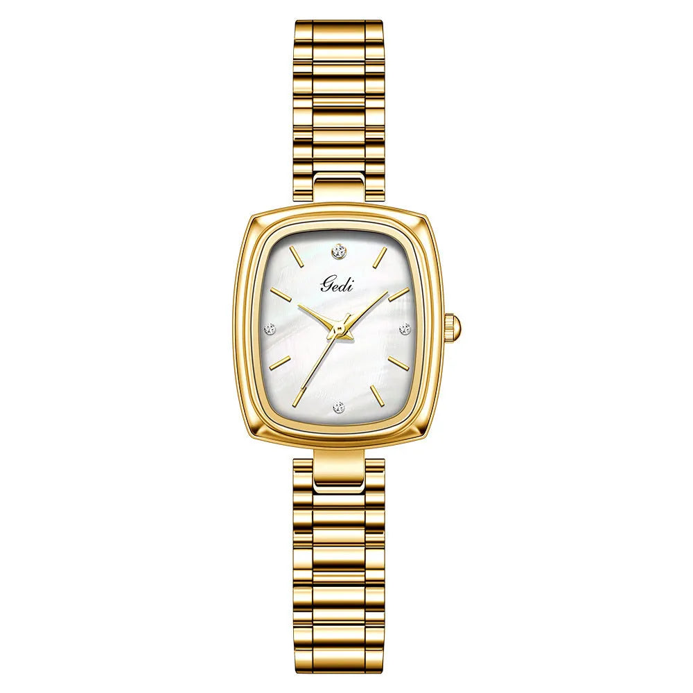 Small gold watch with gold alloy case and strap, 8mm thin, gold face