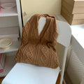 Women's retro crochet knitted polyester yarn shoulder tote bag in solid colour with double straps