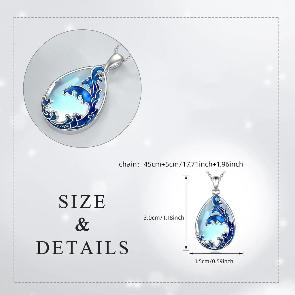 Moonstone blue alloy heart pendant necklace for women on a silver-toned chain.