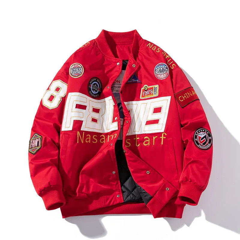 Black American motorcycle baseball uniform with removable hood for couples in autumn winter style