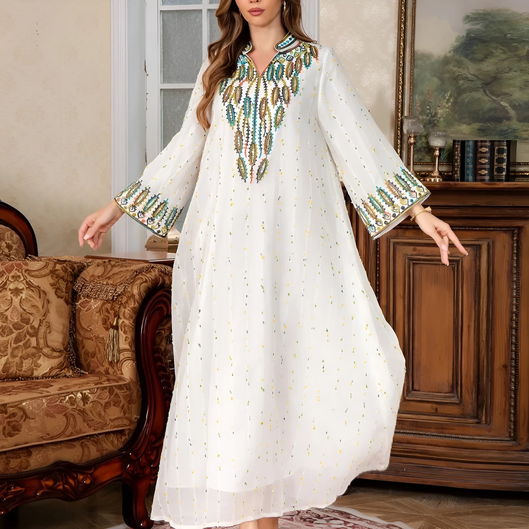 White polyester Arabic robe abaya dress with long sleeves and full-length skirt