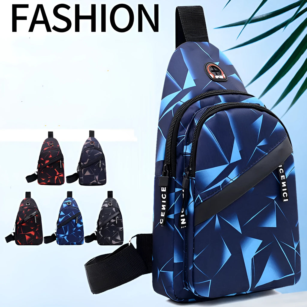 Men's blue Oxford cloth crossbody sling bag with earphone hole design showing zipper opening and letter print detail