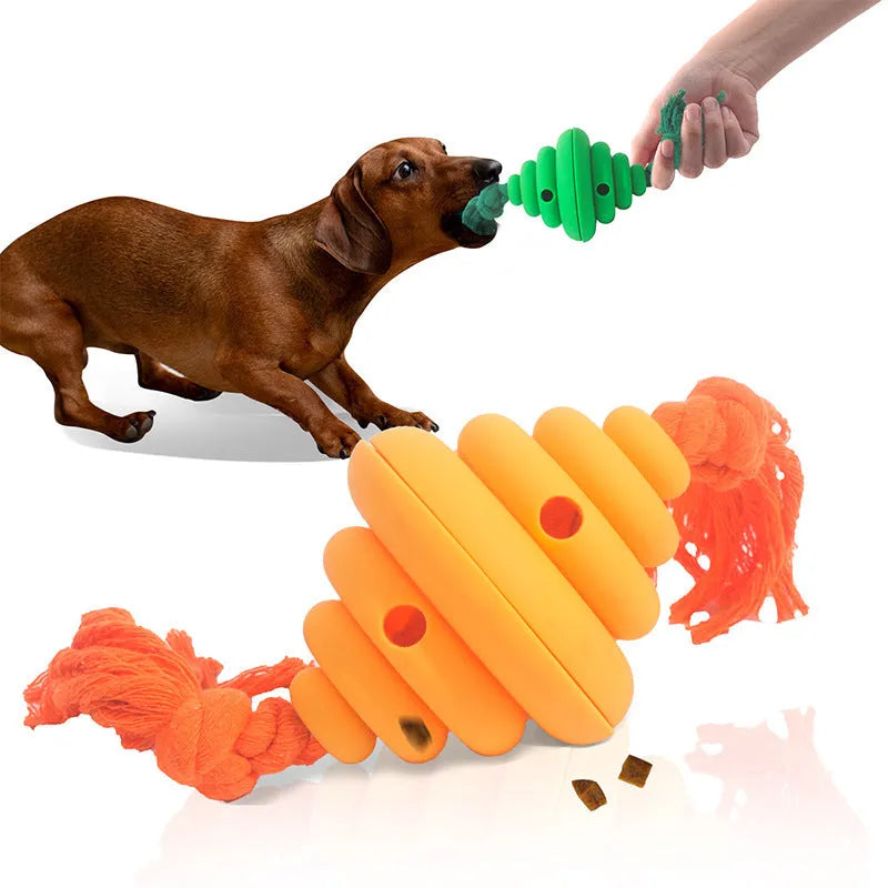 Green and yellow dog ball with attached rope for interactive play and food dispensing