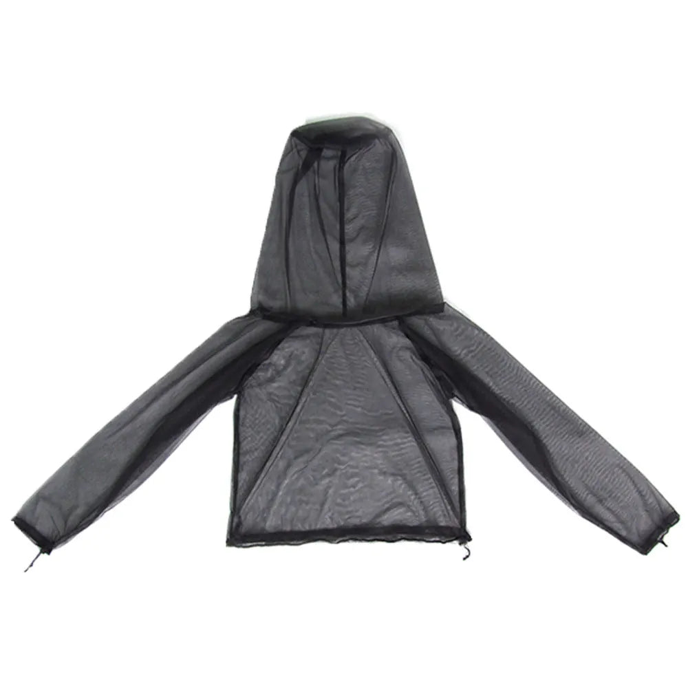 Four-piece mesh anti-mosquito suit set showing hooded top, pants, and booties for outdoor camping and fishing.
