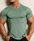 Men's grey quick-dry stretch running t-shirt on a hanger.