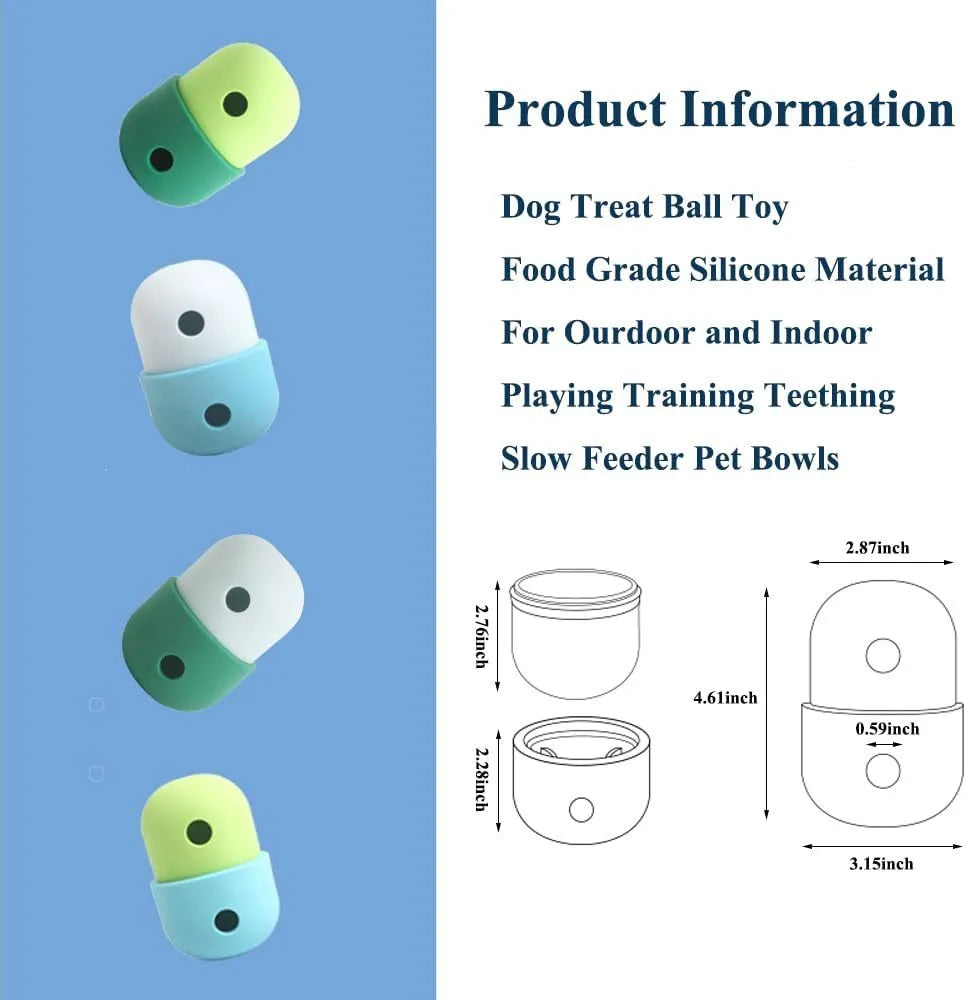 Two-tone silicone dog treat dispensing puzzle ball for small medium dogs on a wooden floor