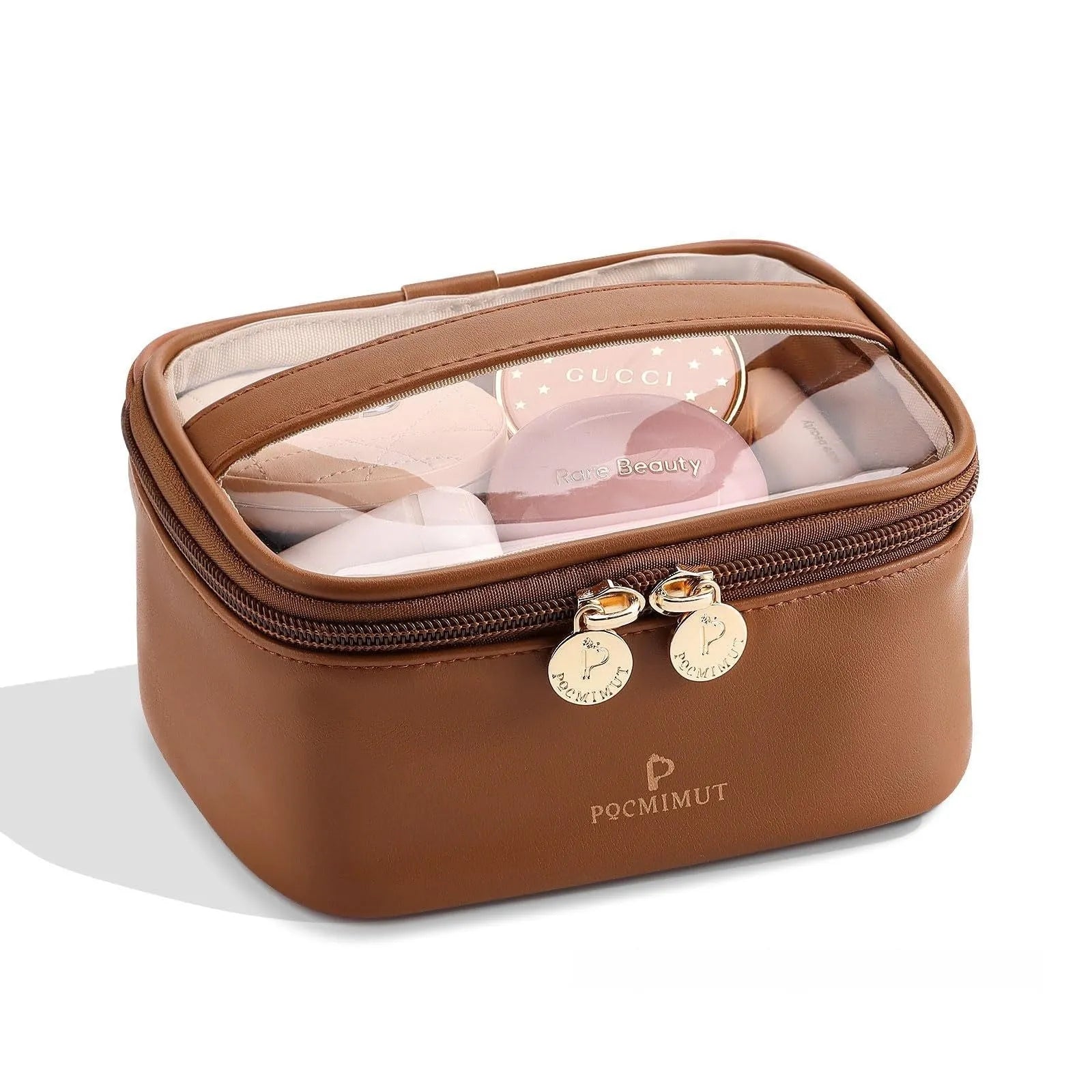 Transparent PVC leather cosmetic bag showing interior organisation and dry wet separation compartments.