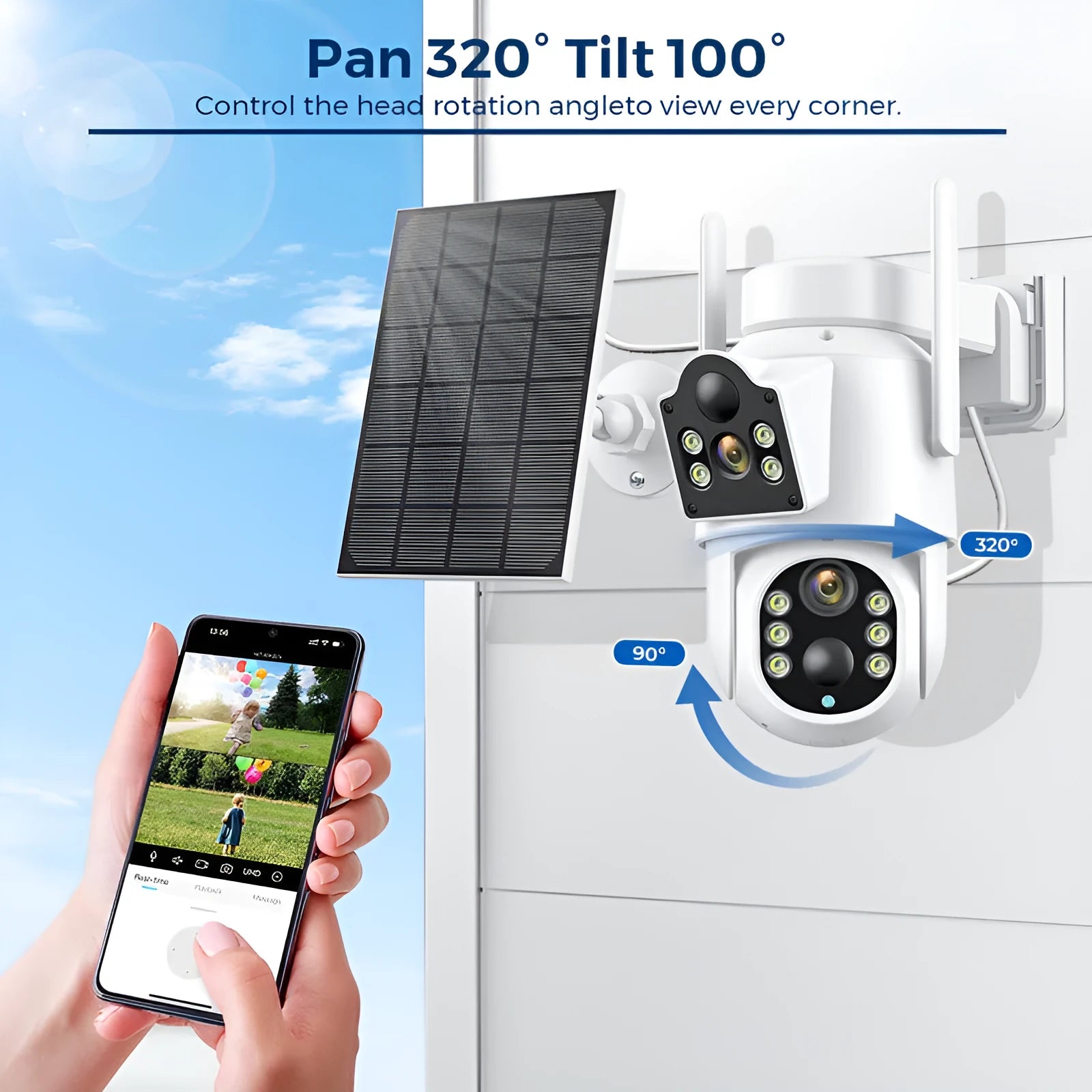 Outdoor solar-powered wireless wifi security camera with 4MP HD sensor and attached solar panel on a wall mount.