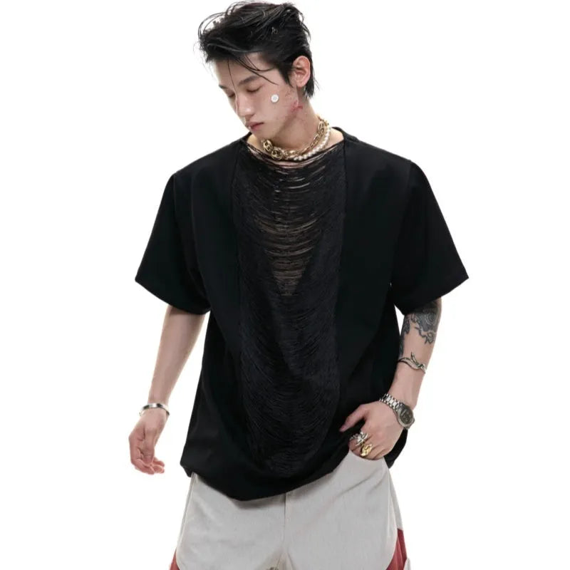 Men's drum black V-neck t-shirt with hollow out design and loose fit