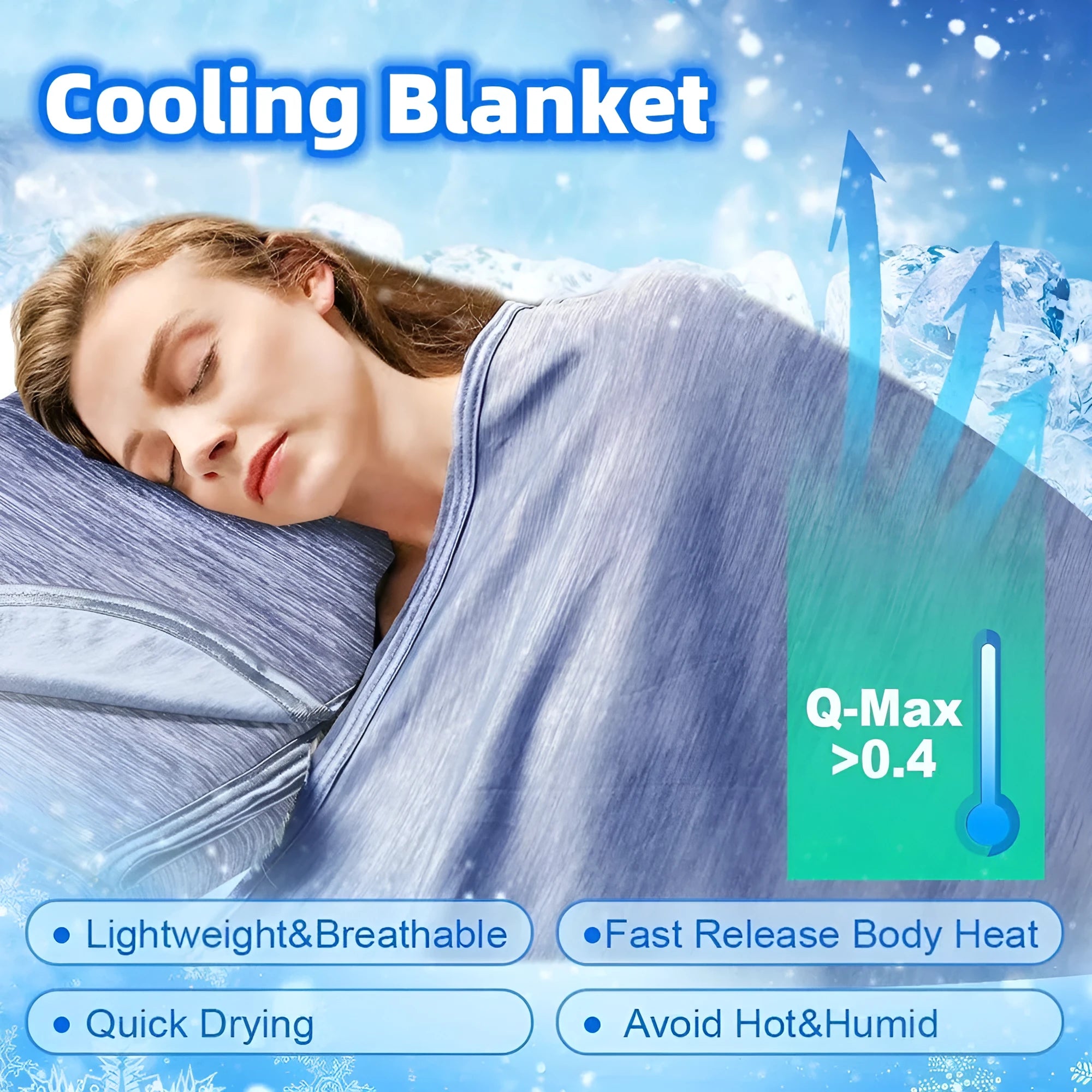 Blue and grey cooling blanket with Japanese Q-Max fibres on a bed.