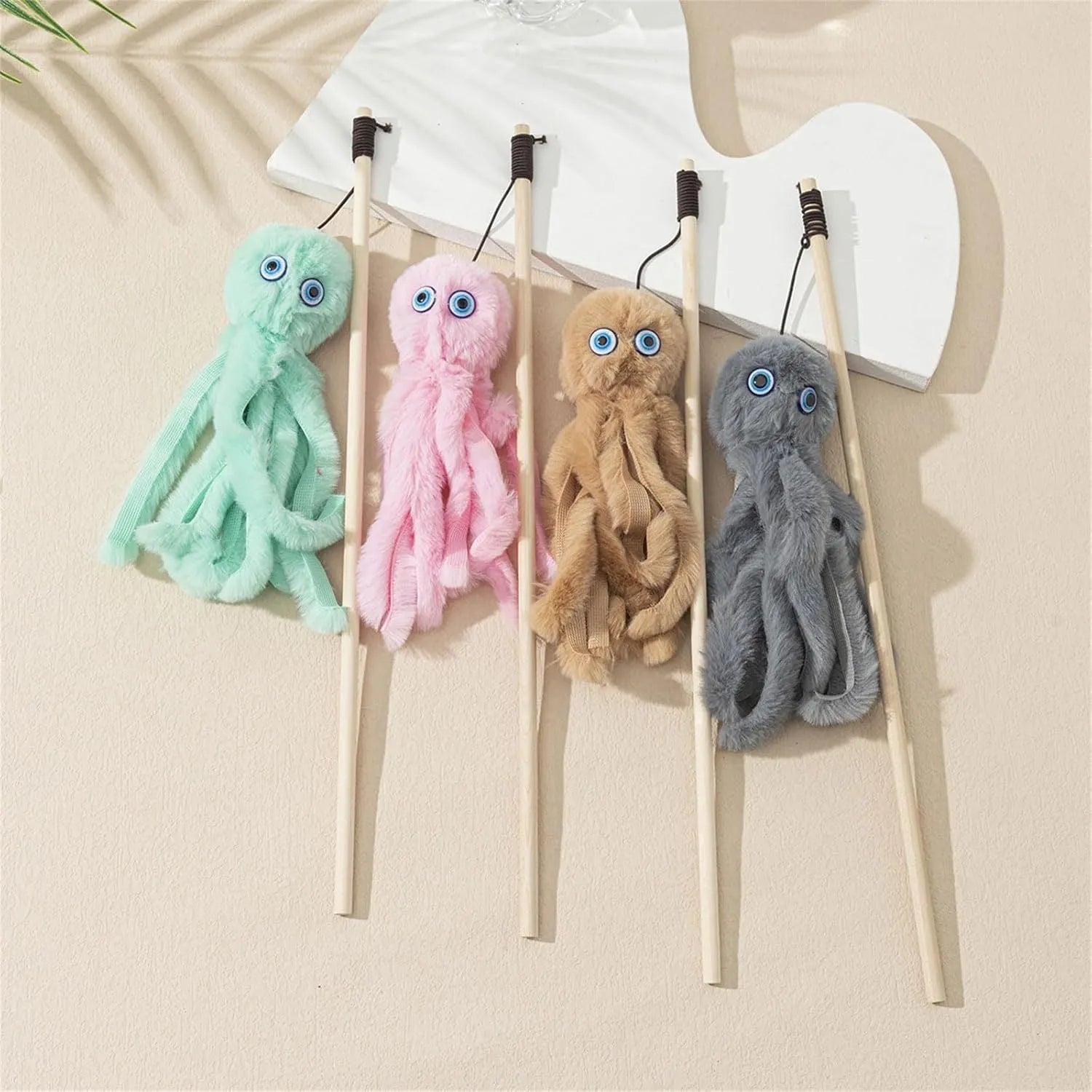 Octopus-themed cat toy on a long stick with bright colours, for interactive indoor play with kittens.