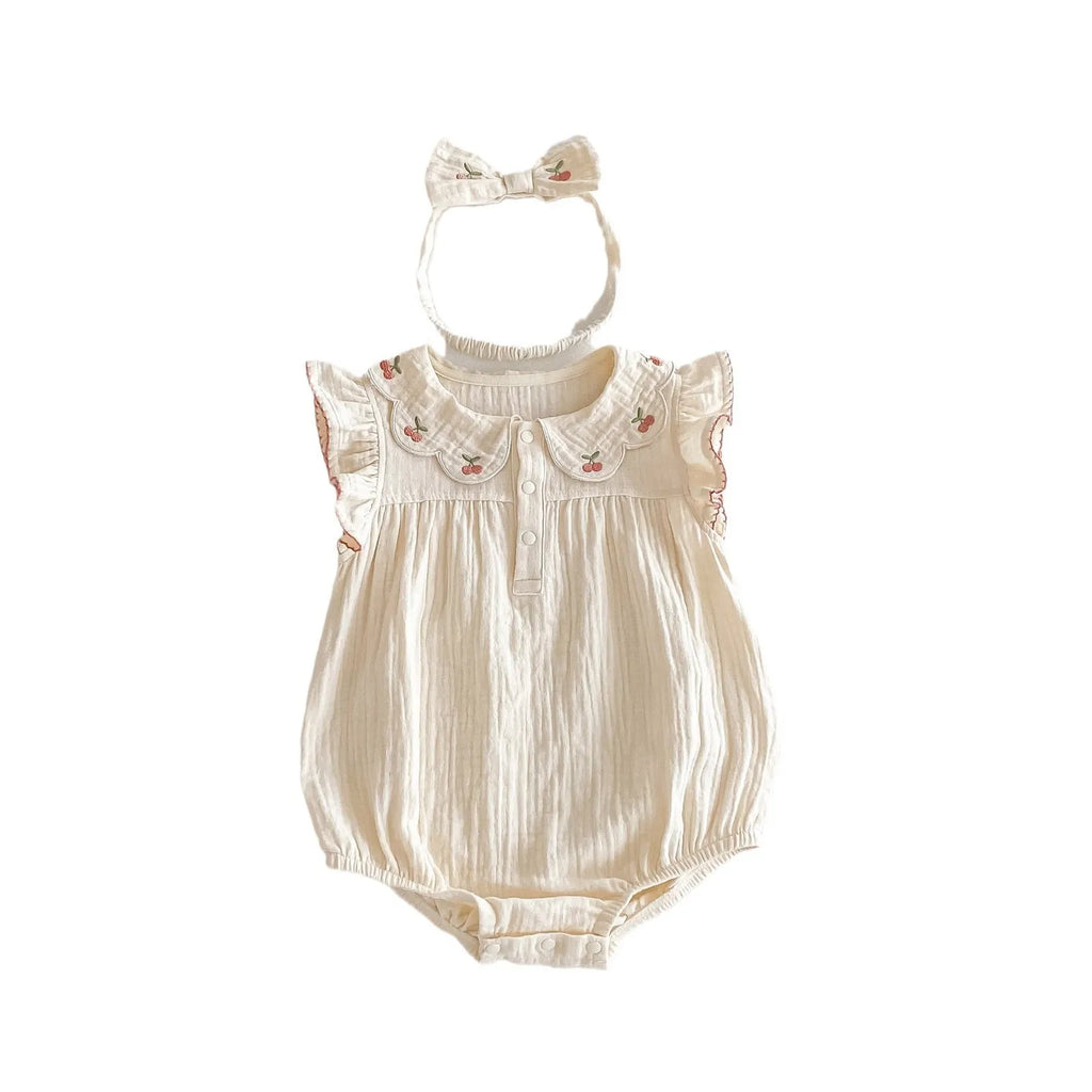 apricot cotton sleeveless double breasted baby jumpsuit with matching hair band
