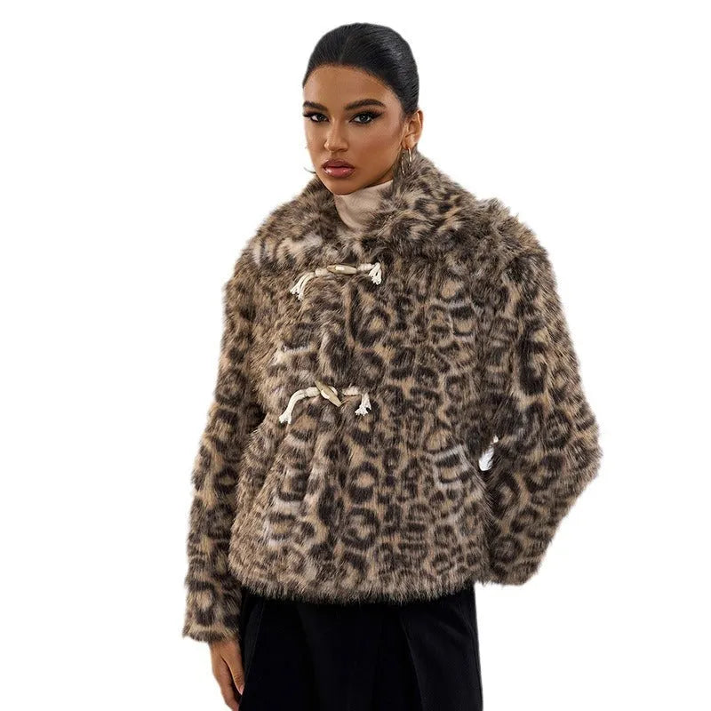 Women's leopard print street fashion coat with a buckled lapel