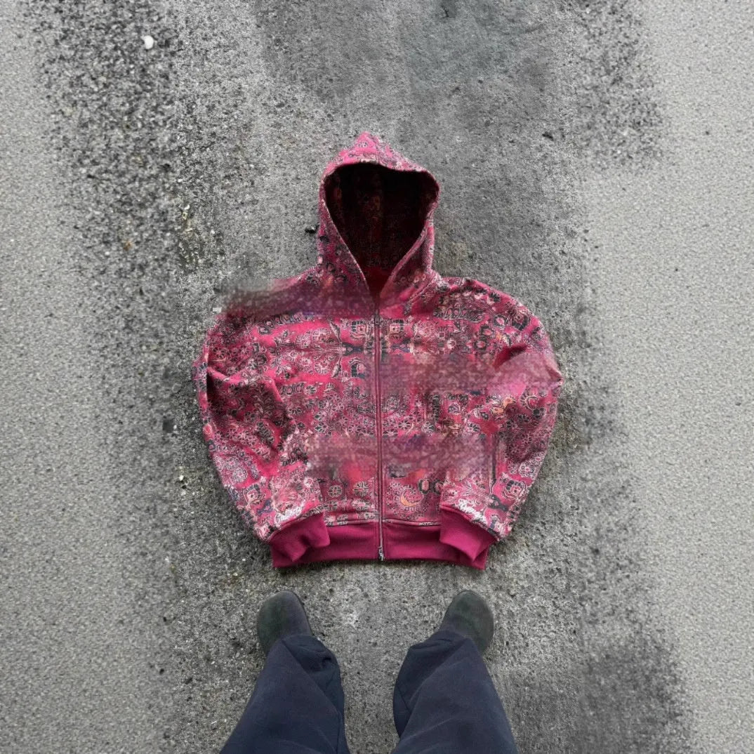 Red or blue loose fit hooded zip coat for young men, polyester fabric, Asian sizes XS to 6XL