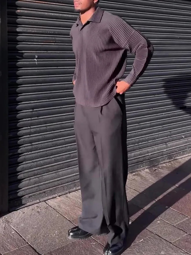 Men's casual pleated long-sleeved top in black polyester regular fit daily wear