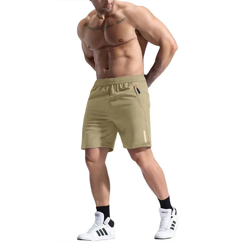 Men's grey bamboo blend sports shorts with an elastic high waist and drawstring detail.