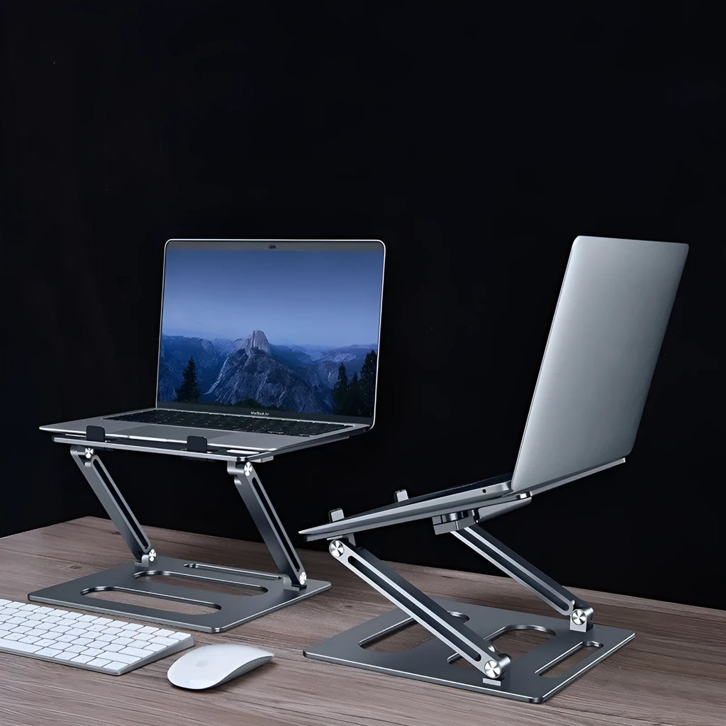 Silhouette of silver metal adjustable laptop stand on a desk with a clear 340mm elevation height and 260x248x35mm base dimensions