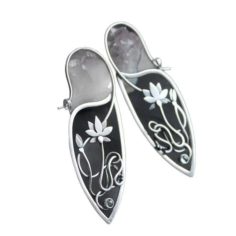 Silver lotus vine geometric drop earrings with circular rhinestones for women