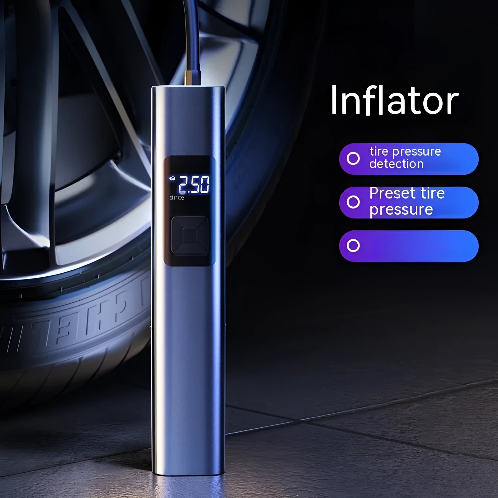 Wireless car air pump with digital display featuring vacuum cleaner function and emergency lighting