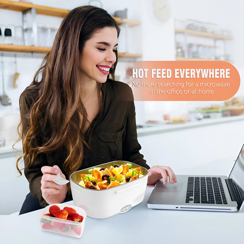 Grey dual-power electric lunch box for car and home with stainless steel pot and mechanical dial.