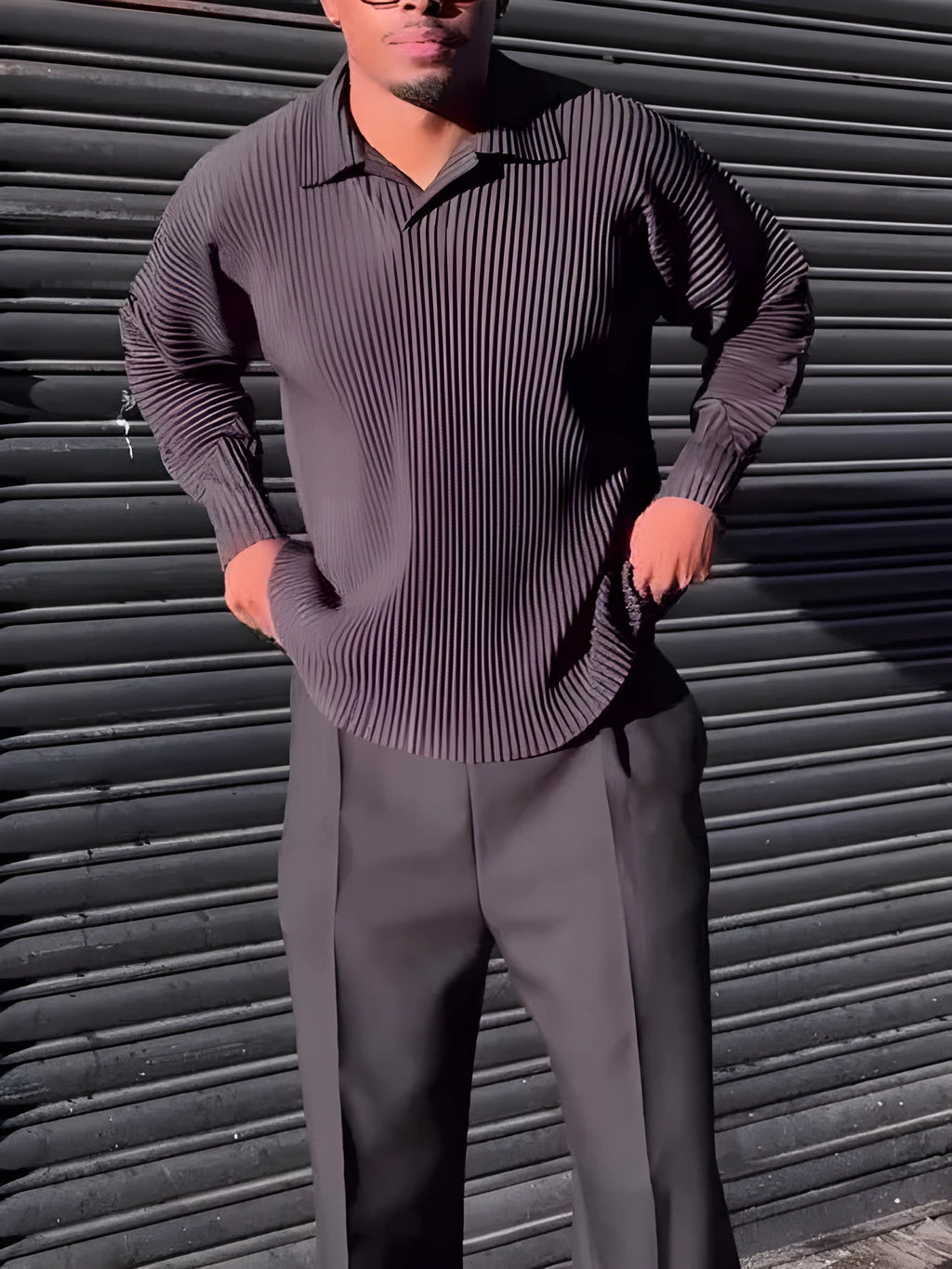 Men's casual pleated long-sleeved top in black polyester regular fit daily wear