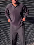 Men's casual pleated long-sleeved top in black polyester regular fit daily wear