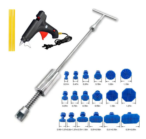 Automotive dent repair tool with metal T-shaped hammer and blue adhesive tabs for car body panel repairs