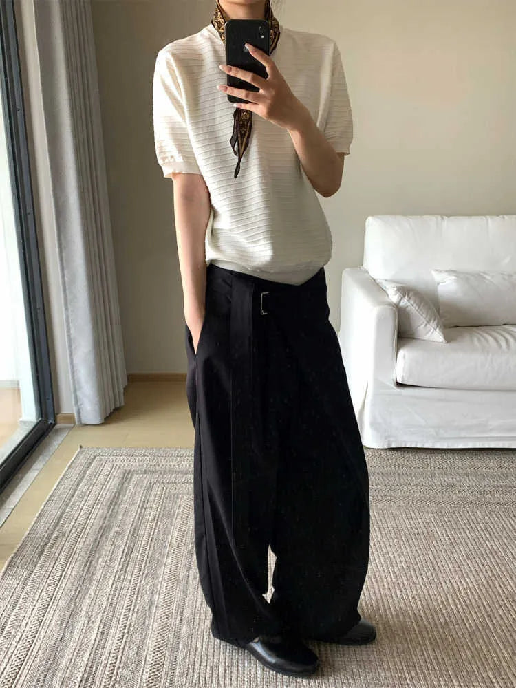 Black straight leg trousers with adjustable waistband and single pleated front detail