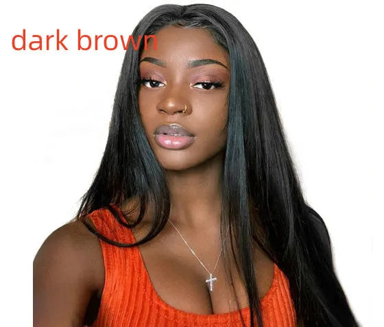 Women's long straight synthetic wig with centre part and bangs in black colour