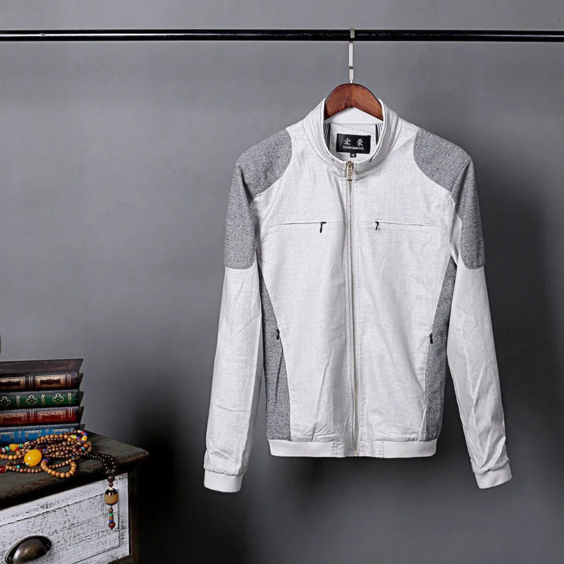 Men's heather grey casual linen jacket on a hanger, showing regular fit and thin cotton fabric.