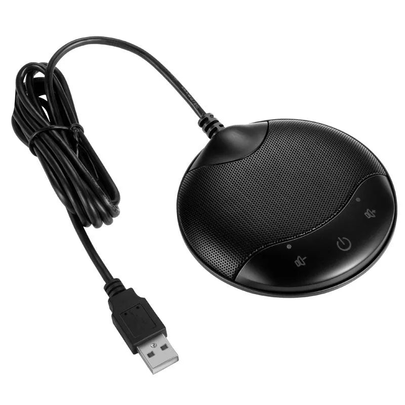 Black USB condenser microphone for conferences and gaming, dimensions 9x9x1.7cm