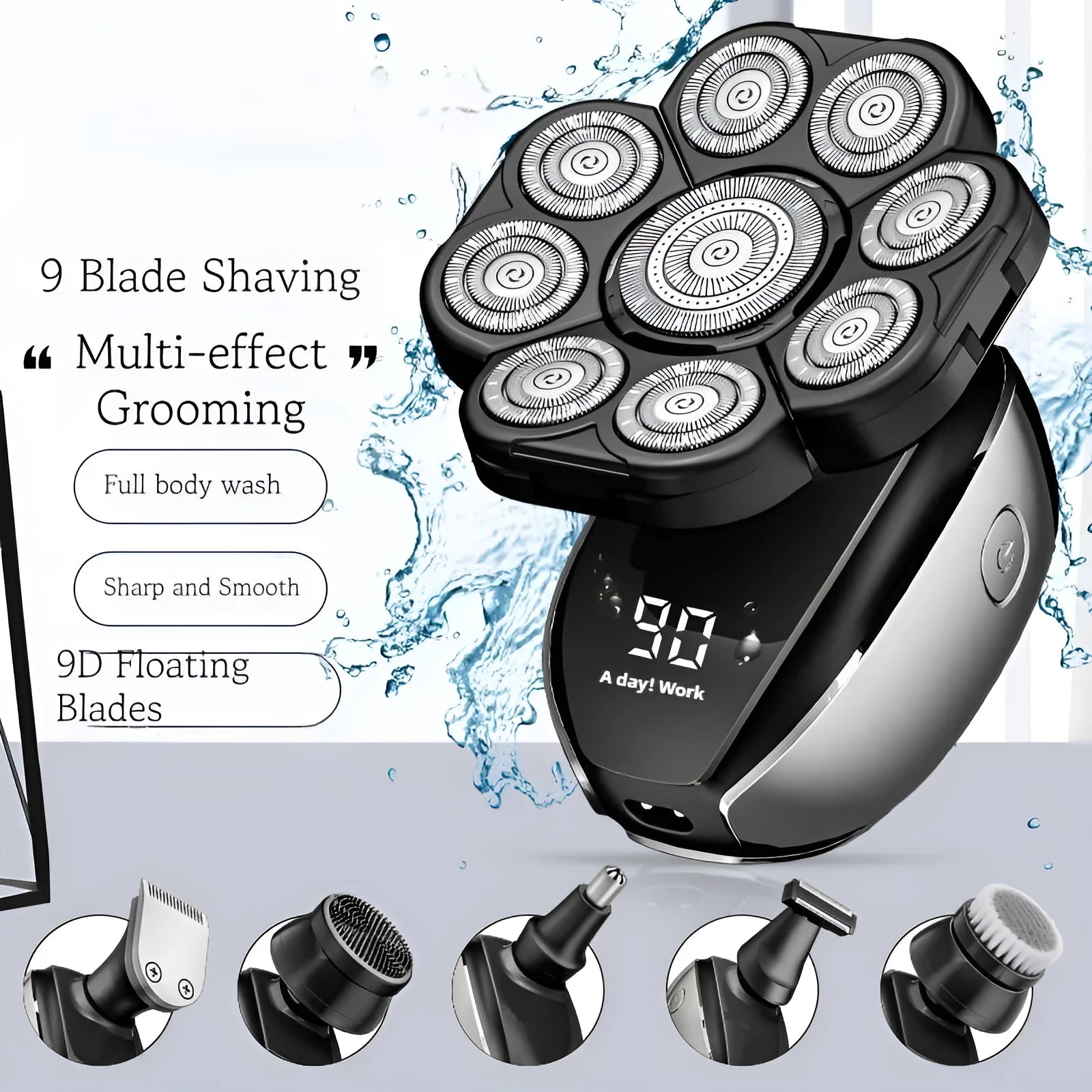Black 6-in-1 multifunctional rechargeable hair clipper and shaver kit with attachments on a white background.