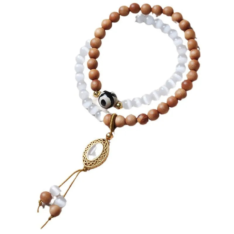 Sandalwood double ring and opal Tibetan bead bracelet with retro mixed material design