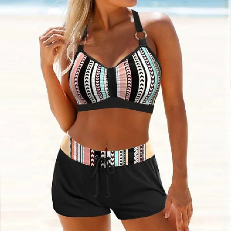 Women's two-piece polyester blend swimsuit bikini in print pattern with separate top and bottom pieces