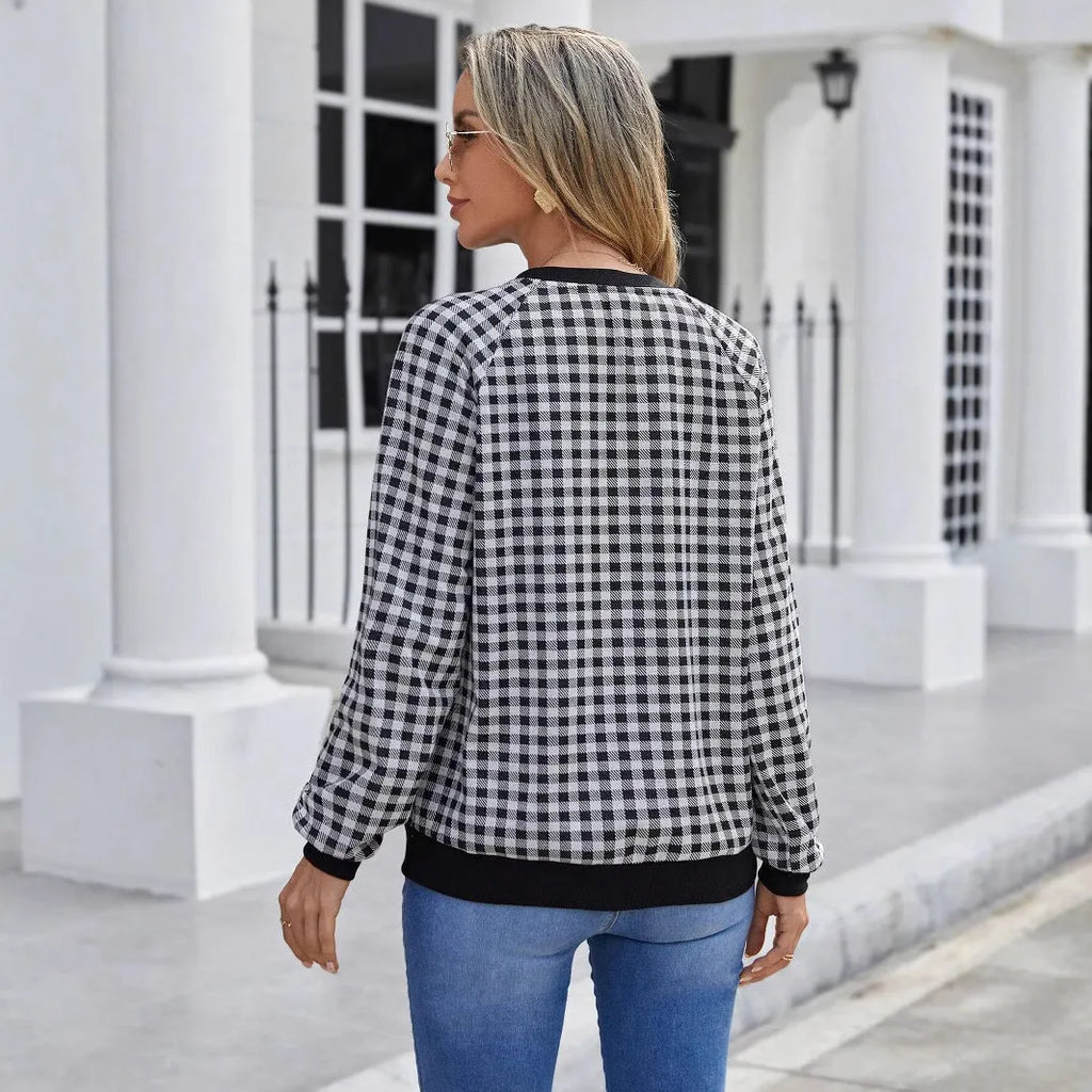 Black polyester Japanese plaid pullover sweater with stripes print and long regular sleeves