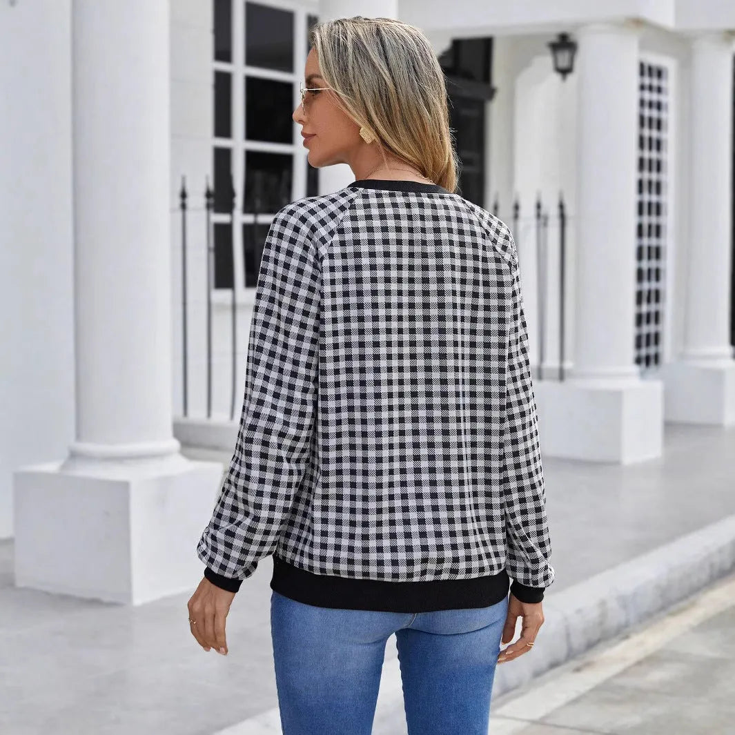 Black polyester Japanese plaid pullover sweater with stripes print and long regular sleeves