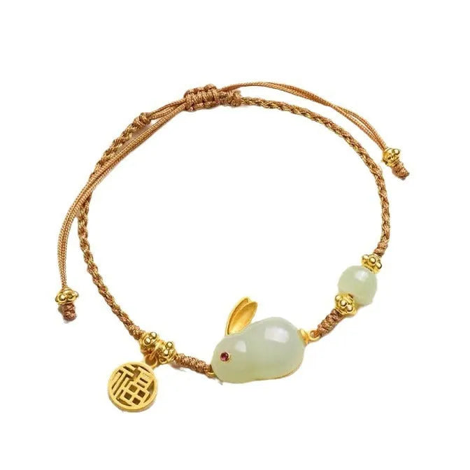 Hetian jade rabbit bracelet for women with geometric charm on yellow adjustable string