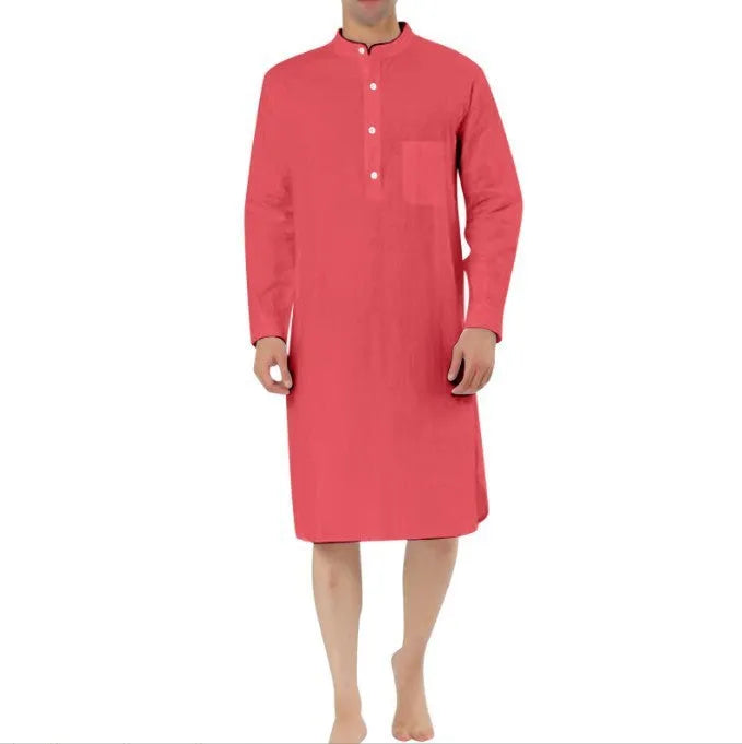 Men's cotton shirt robe in light blue with simple chest pocket, shown with relaxed fit for home wear